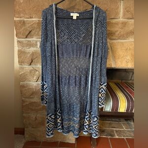 Christopher & Banks Blue/Tan Geometric Hooded Cardigan Sweater size Medium